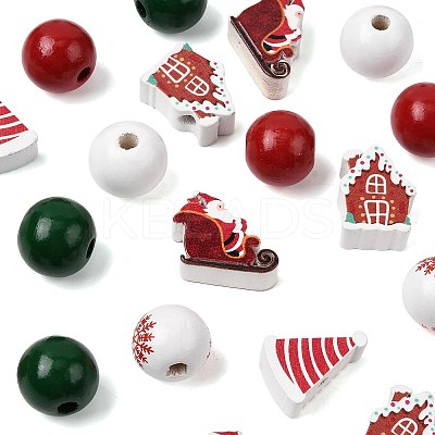50Pcs 7 Styles Christmas Painted Wood Beads Set WOOD-FS0002-44-1