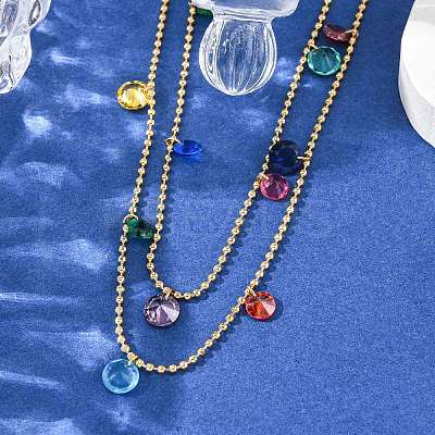 304 Stainless Steel Ball Chain Colorful Cubic Zirconia Flat Round Tassel Double Layer Necklaces for Women NJEW-A051-05G-1
