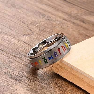 Rainbow Color Pride Flag Rune Words Odin Norse Viking Amulet Enamel Rotating Ring RABO-PW0001-037A-1