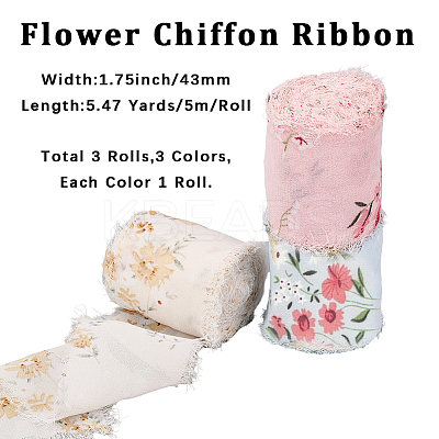 3 Rolls 3 Colors Polyester Fringe Flower Printed Ribbon OCOR-CP0001-17-1