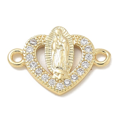 Rack Plating Brass Micro Pave Clear Cubic Zirconia Religion Heart Virgin Mary Connector Charms KK-L224-099G-04-1