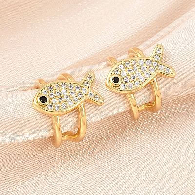 Fish Brass Micro Pave Clear Cubic Zirconia Cuff Earrings EJEW-D338-01G-1