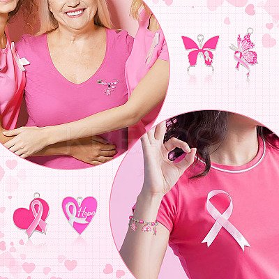 26Pcs 13 Styles Breast Cancer Pink Awareness Ribbon Theme Alloy Enamel Pendants ENAM-TA0001-93-1