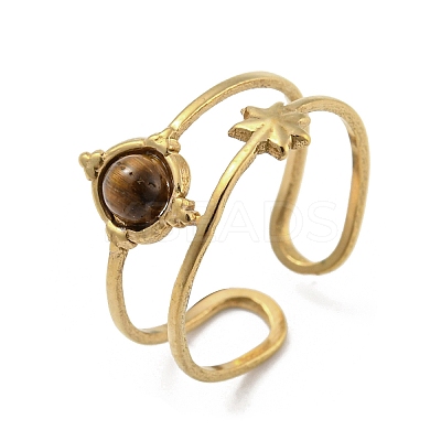 304 Stainless Steel with Natural Tiger Eye Ring Ion Plating(IP) RJEW-Z031-01I-02-1