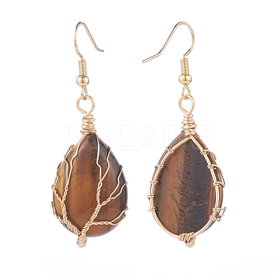 Teardrop Gemstone with Tree Dangle Earrings EJEW-JE04867-1