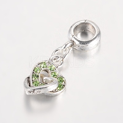 Heart Antique Silver Plated Alloy Rhinestone European Dangle Charms Large Hole Pendants X-MPDL-K014-M-1