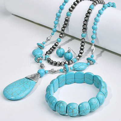 Teardrop Synthetic Turquoise Pendant Necklaces & Dangle Earrings & Stretch Bracelets Sets FS-WGCD8C0-01-1