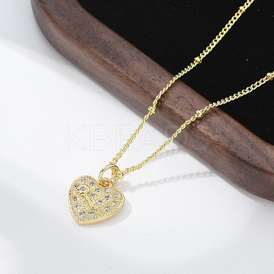 Brass Micro Pave Clear Cubic Zirconia Heart with Key Pendant Necklaces for Women NJEW-M088-02G-01-1