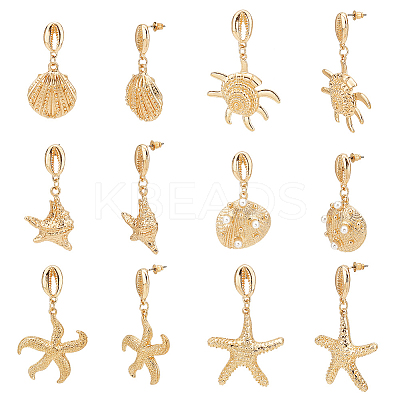 6 Pairs 3 Style Shell & Starfish Steel Asymmetrical Earrings with ABS Imitation Pearl Beaded EJEW-PH0001-15-1