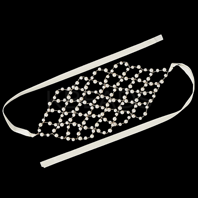 Brass ABS Plastic Pearl Beaded Elastic Headband OHAR-WH20008-02G-1