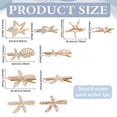6Pcs 6 Styles Starfish Rhinestone Alligator Hair Clips PHAR-PH0001-18-1