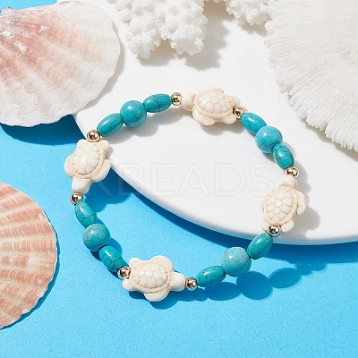 Turtle Synthetic Turquoise Beaded Stretch Bracelet BJEW-JB09954-1