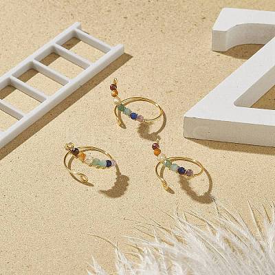 Natural Mixed Gemstone Braided Beaded Chakra Open Cuff Ring RJEW-JR00548-1