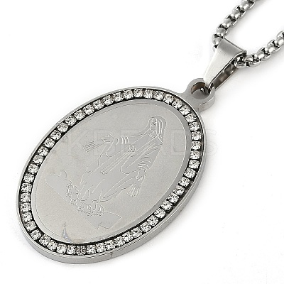 201 Stainless Steel Crystal Rhinestone Religion Virgin Mary Oval Pendant Box Chain Necklaces LS-NJEW-D089-04P-1