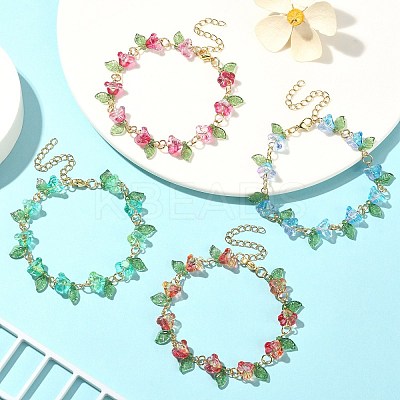 4Pcs 4 Color Acrylic & Glass Beaded Flower Linnk Chain Bracelets Set BJEW-TA00273-1