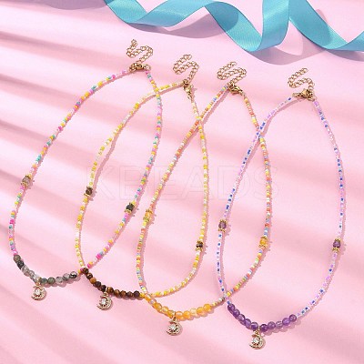 Brass Micro Pave Cubic Zirconia Moon Pendant Necklace NJEW-JN04424-1