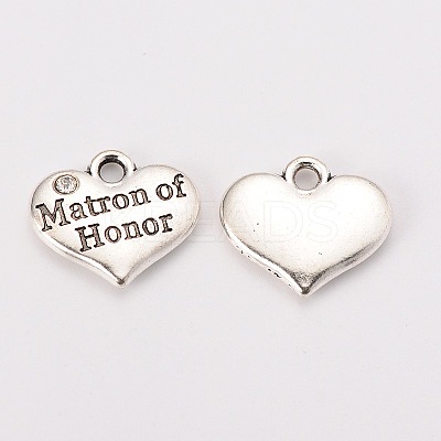 Wedding Theme Antique Silver Tone Tibetan Style Heart with Matron of Honor Rhinestone Charms LS-TIBEP-N005-03A-1