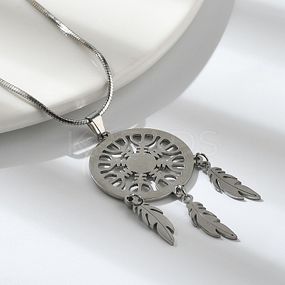 Bohemian 201 Stainless Steel Snowflake Woven Web/Net with Feather Pendant Necklaces NJEW-P327-07P-A-1