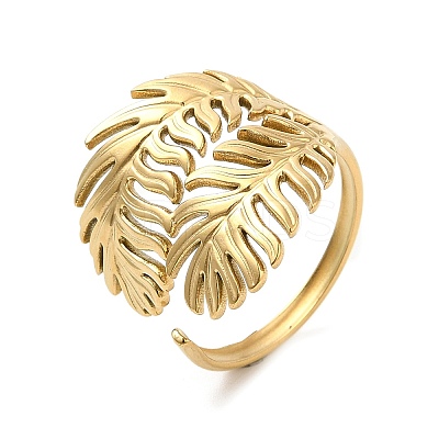 Ion Plating(IP) 304 Stainless Steel Leaf Open Cuff Ring for Women RJEW-M149-23G-1