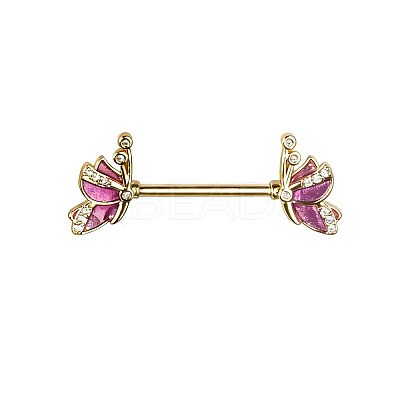 Brass Enamel with Crystal Rhinestone Hot Pink Butterlfy Barbell Nipple Rings FS-WGE2017-11-1