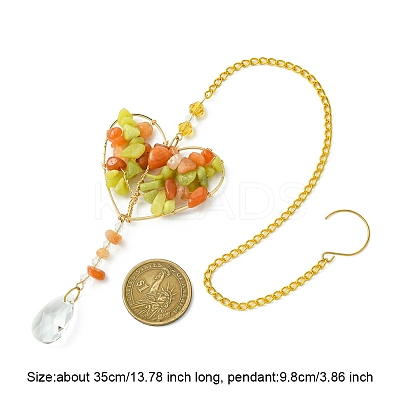 Wire Wrapped Natural Lemon Jade & Red Aventurine Chip Heart with Tree Pendant Decoration HJEW-FS00020-1