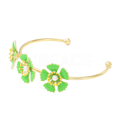 Alloy Flower with Imitation Pearl Beaded Open Cuff Bangle for Women LS-BJEW-D054-02G-02-1