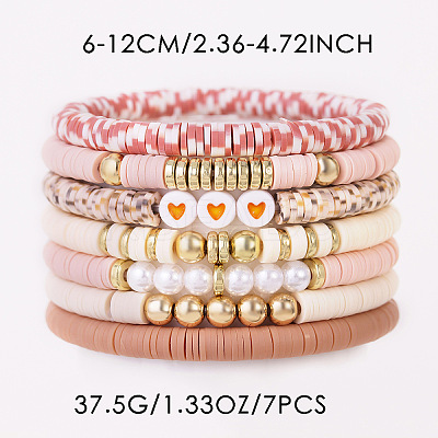 7Pcs Heart Pattern Polymer Clay & Plastic Pearl & CCB Plastic Beaded Stretch Bracelet Set for Women FS-WG634BB-08-1