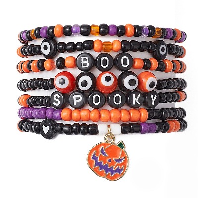 7Pcs 7 Styles Evil Eye & Word Glass & Lampwork Beaded Stretch Bracelet Sets BJEW-JB10447-1