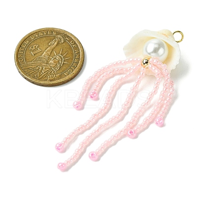 Natural Clam Shell & Glass Pearl & Glass Seed Beaded Big Pendants PALLOY-MZ00298-03-1