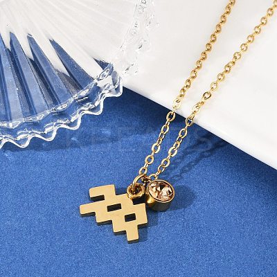 304 Stainless Steel Glass Drill Birth Stone Constellation Pendant Necklaces LS-STAS-D305-08G-K-1