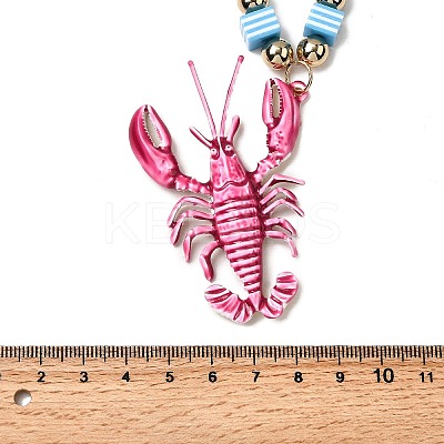Plastic Pink Lobster Pendant Striped Square Beaded Necklaces with Alloy End Chains LS-NJEW-D336-02G-1