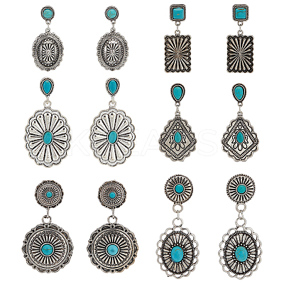 6 Pairs 6 Style Rhombus & Rectangle & Oval Synthetic Turquoise Dangle Stud Earrings EJEW-AN0001-05-1