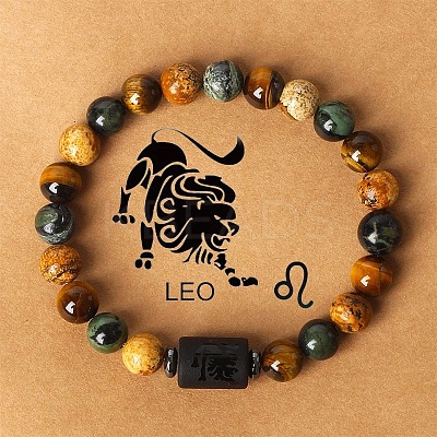 Twelve Constellations Natural Tiger Eye & Picture Jasper & Rhyolite Jasper Round & Column Beaded Stretch Bracelets for Women Men WG6FA5D-07-1