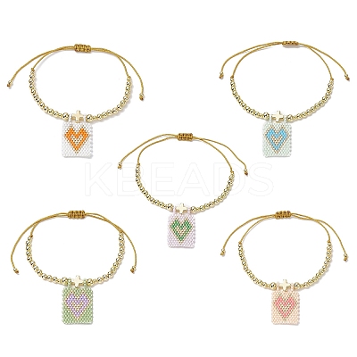Glass Seed Rectangle with Heart Charm Bracelet BJEW-MZ00033-1