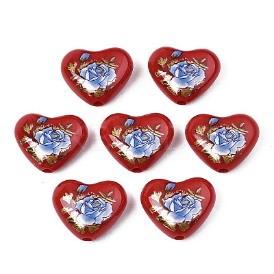Flower Printed Opaque Acrylic Heart Beads SACR-S305-28-I02-1