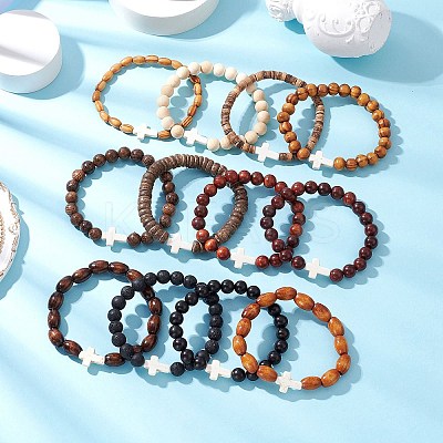 12Pcs Dyed Synthetic & Natural Gemstone and Natural Wood Beads Stretch Bracelet Set for Women Men BJEW-JB11564-1