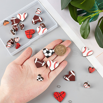 Sport Ball Theme Heart Wood Dangle Earrings DIY Making Kit DIY-SC0024-94-1
