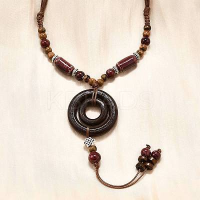 Ethnic Style Alloy & Porcelain Ceramic Beads & Wood Ring Pendant Tassel Y Necklaces LS-NJEW-D308-02-1