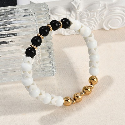 Ion Plating(IP) 304 Stainless Steel & Round Glass Beaded Stretch Bracelets for Women Men BJEW-M046-04G-1