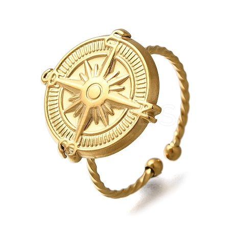 Flat Round with Compass 304 Stainless Steel Open Cuff Ring for Women RJEW-F161-02G-01-1