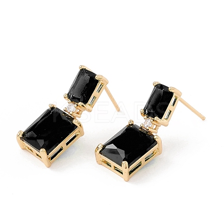 Black Cubic Zirconia Rectangle Dangle Stud Earrings KK-E005-16G-01-1