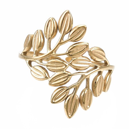 304 Stainless Steel Leaf Open Cuff Ring RJEW-T023-56G-1