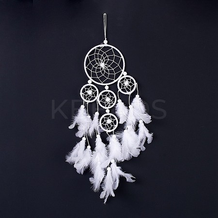 Native Style Five Rings Woven Net/Web with Feather Wall Hanging Decoration LS-HJEW-A002-02-1