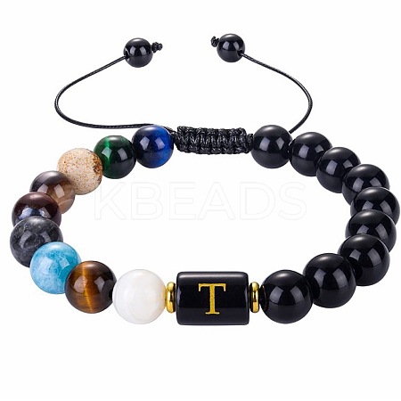 10MM Natural Black Obsidian Alphabet Beaded Braided Bracelets TO2319-20-1