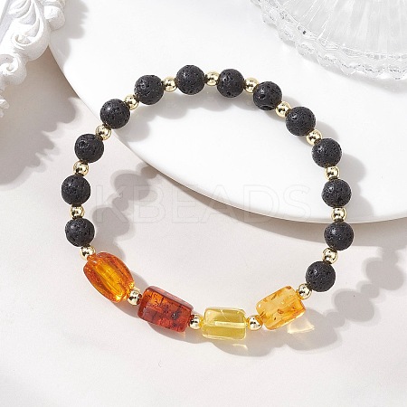 Natural Amber and Lava Rock Beads Stretch Bracelets for Women BJEW-JB13383-01-1