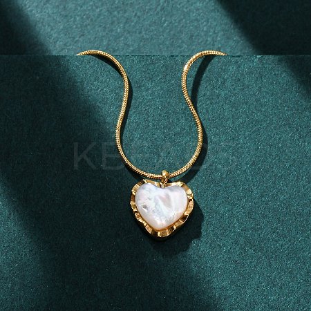 304 Stainless Steel & White Shell Heart Pendant Round Snake Chain Necklaces for Women NJEW-K255-39G-1