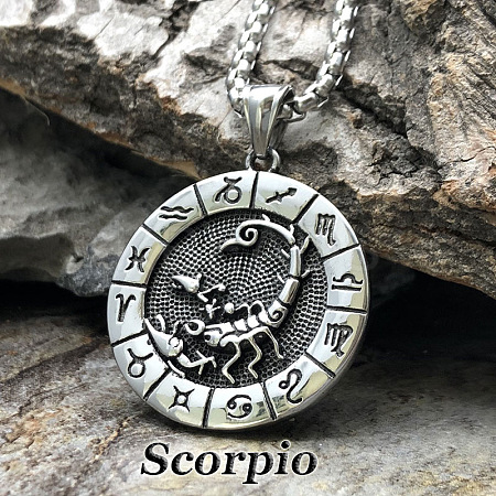 Flat Round with Engraved Twelve Constellation Alloy Pendant Necklace for Women Men WG25F4B-08-1