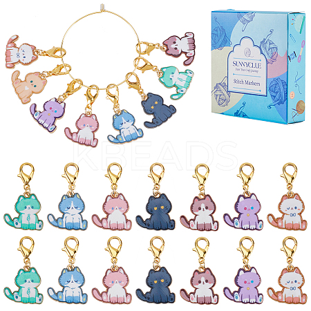 16Pcs 8 Style Cat Shape Alloy Enamel Pendant Locking Stitch Markers HJEW-SC00031-1