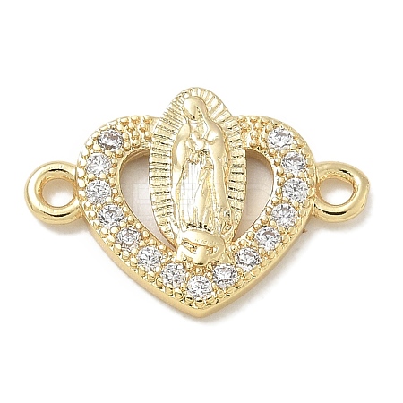 Rack Plating Brass Micro Pave Clear Cubic Zirconia Religion Heart Virgin Mary Connector Charms KK-L224-099G-04-1