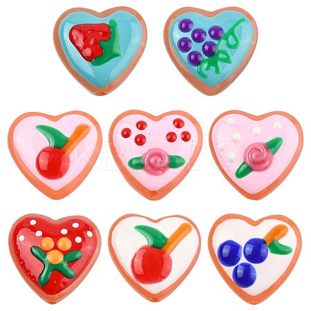 8Pcs 8 Colors Painted Glass Beads Enamel Beads Heart with Fruit LAMP-FS0001-51-1